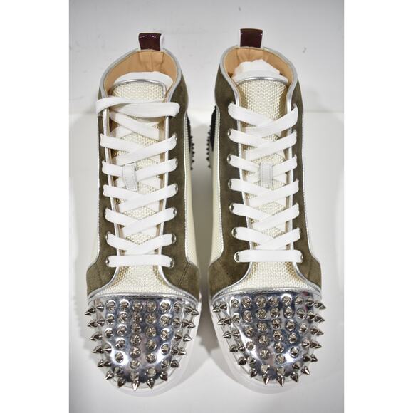 Christian Louboutin Mens Lou Spikes 2 Flat White Green High Top Sneaker 49 16 - Picture 6 of 12